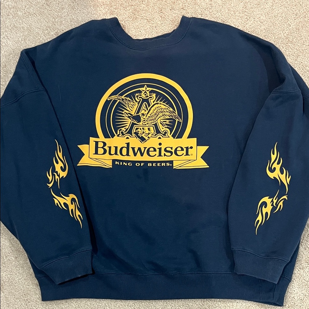 Budweiser Men's Dark Blue and Yellow Crewneck Sweater